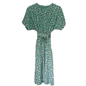 Vintage homemade dress teal green white floral dress taupe leaves